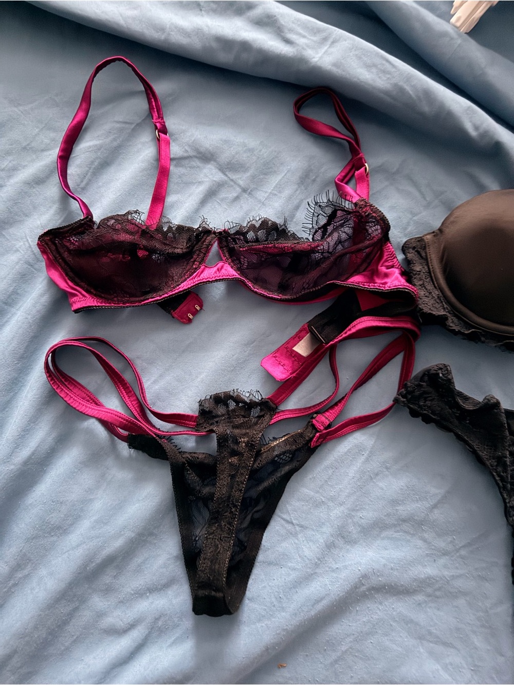 intimissimi THREE (3) sets of Black Lace Push-Up Bra and Strappy Thong Set -